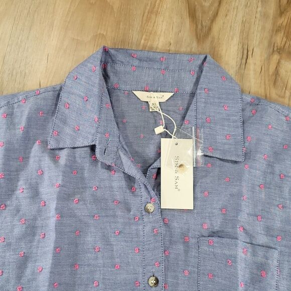 🔺️NWT Sim & Sam Blue & Pink Dotted Buttoned Cuffed Sleeve Top XLarge - Picture 3 of 10